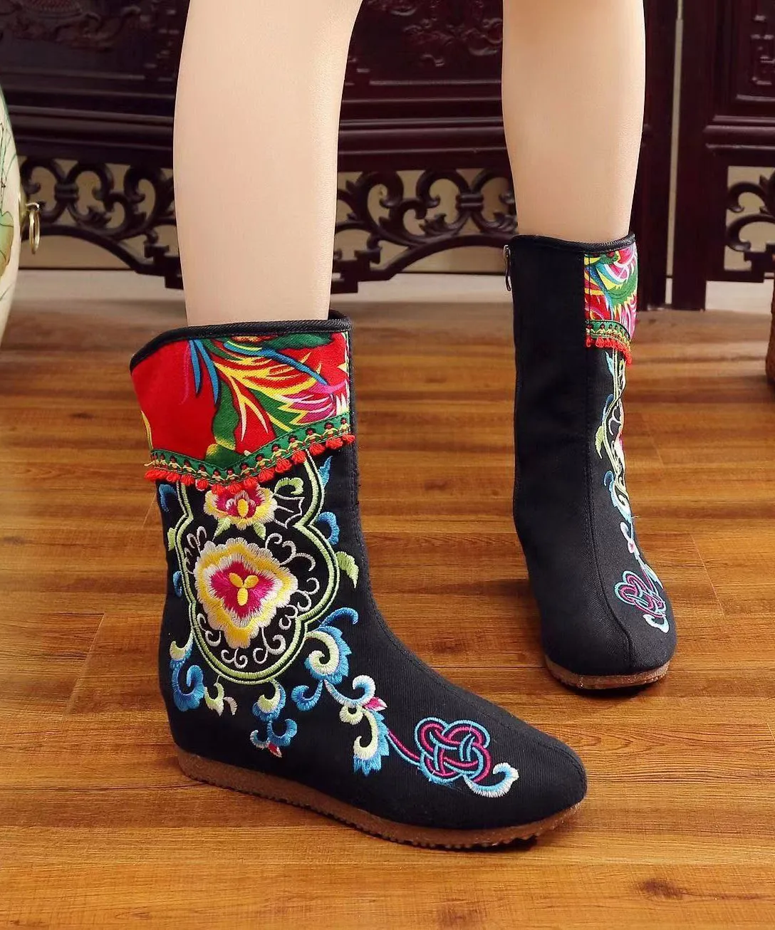 Boho Handmade Comfy Red Embroidery Wedge Boots CZ1013