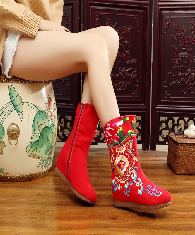 Boho Handmade Comfy Red Embroidery Wedge Boots CZ1013