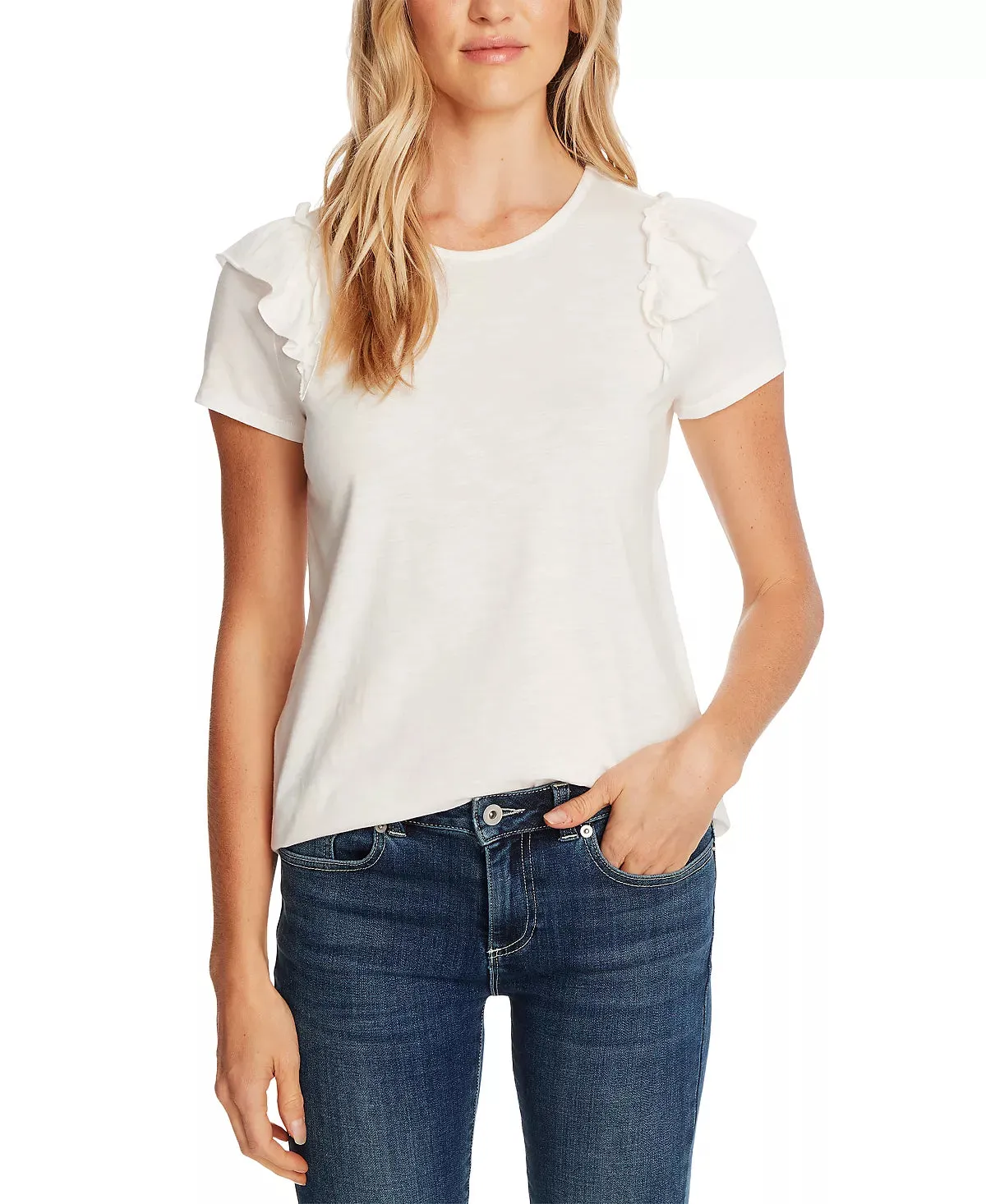 CeCe Short Sleeve Double-Ruffle Crew Neck Knit Top