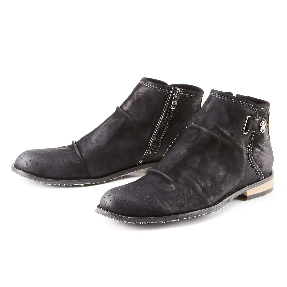 Cowboy Coiled Button Black Wrinkle Leather Boots