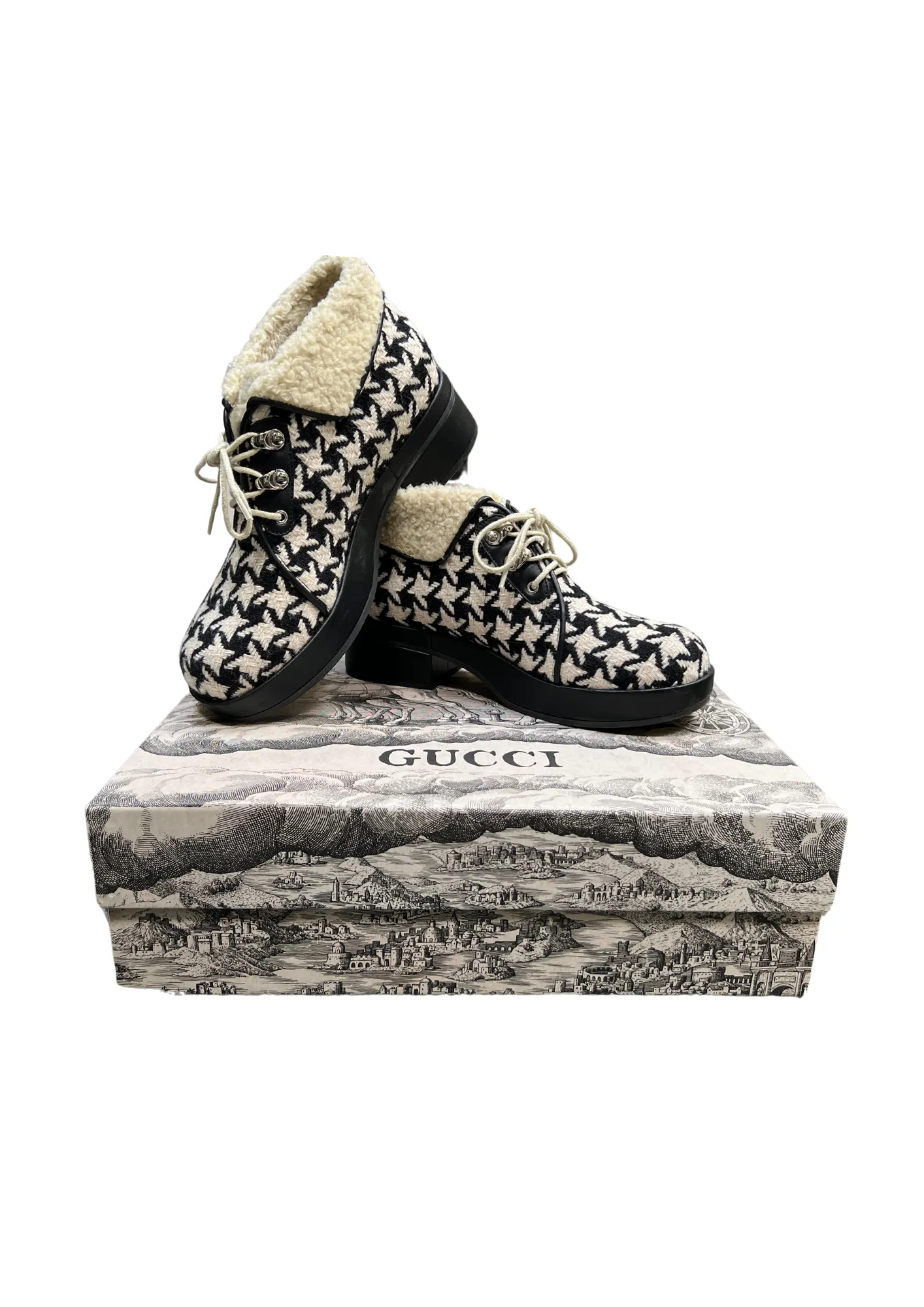 Gucci Shearling Hounstooth Lace Up Ankle Boots (Preowned)