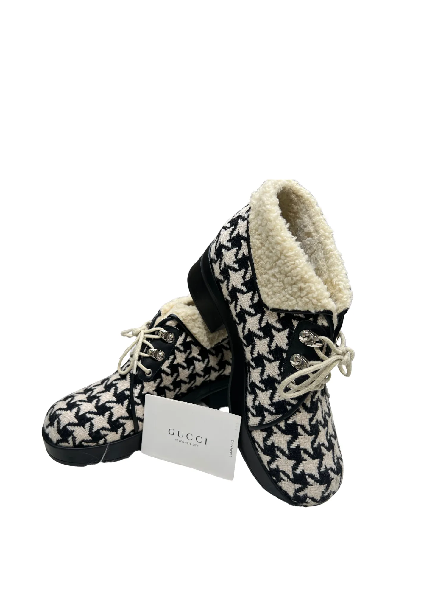 Gucci Shearling Hounstooth Lace Up Ankle Boots (Preowned)