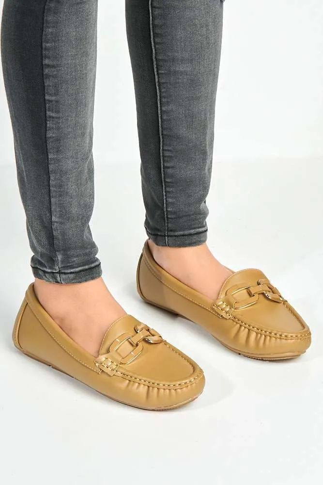 Janet Flat Square Toe Loafers with Chain Detail in Camel