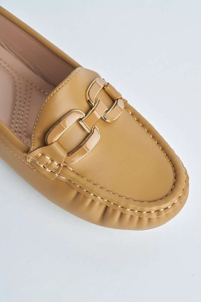 Janet Flat Square Toe Loafers with Chain Detail in Camel