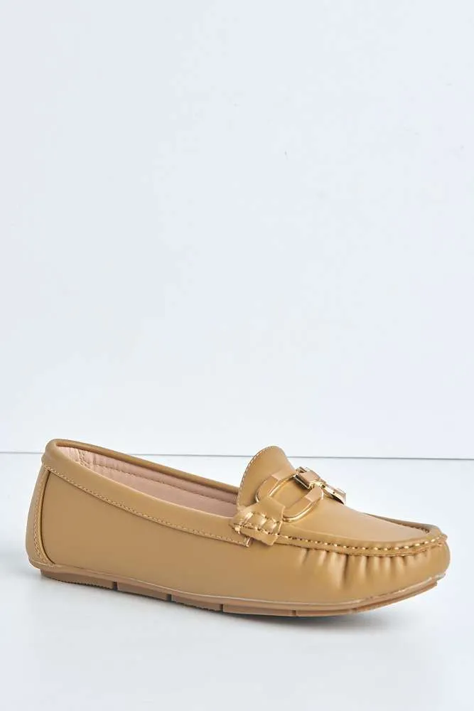 Janet Flat Square Toe Loafers with Chain Detail in Camel