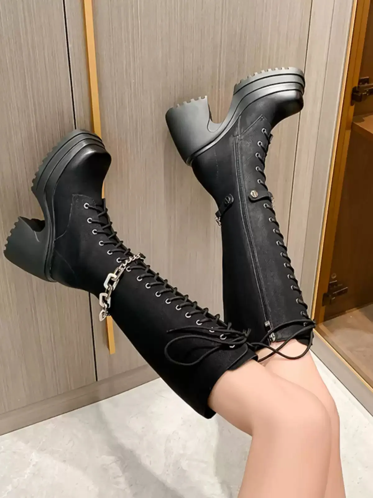 Kelis Genuine Leather Long Combat Boots