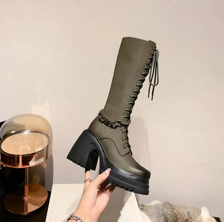 Kelis Genuine Leather Long Combat Boots