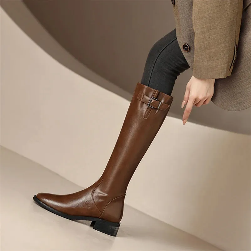 Knee High Leather Flat Equestrian Riding Boots Round Toe Side Buckle - Brown