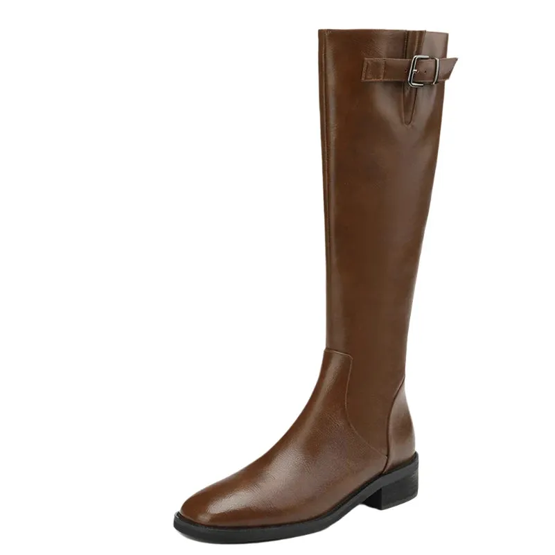 Knee High Leather Flat Equestrian Riding Boots Round Toe Side Buckle - Brown