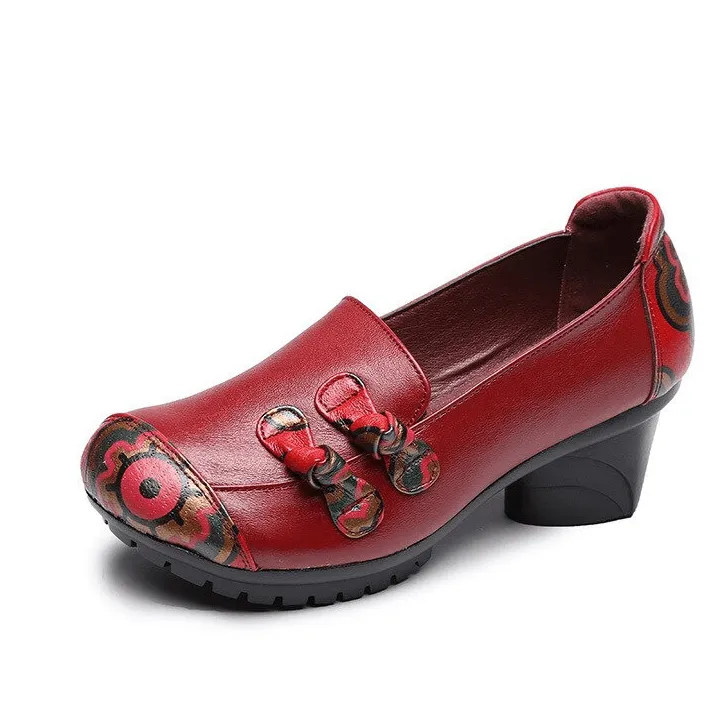 Ladies Genuine Leather Mid Heel Shoes / Stylish Round Toe Loafers with Bow-knot