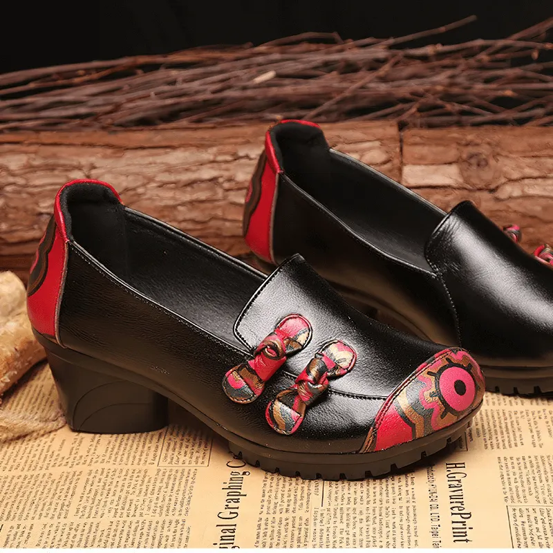 Ladies Genuine Leather Mid Heel Shoes / Stylish Round Toe Loafers with Bow-knot