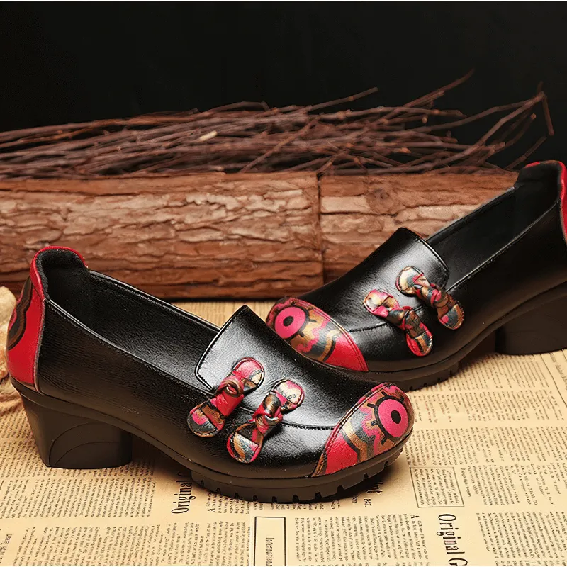 Ladies Genuine Leather Mid Heel Shoes / Stylish Round Toe Loafers with Bow-knot