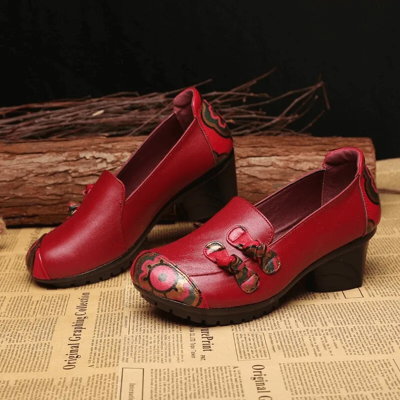 Ladies Genuine Leather Mid Heel Shoes / Stylish Round Toe Loafers with Bow-knot