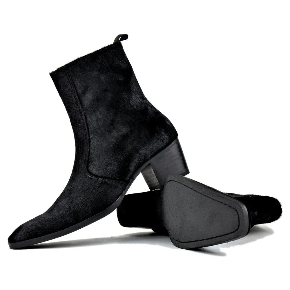 Leather Horsehair Zipper-up Heel Chelsea Boots