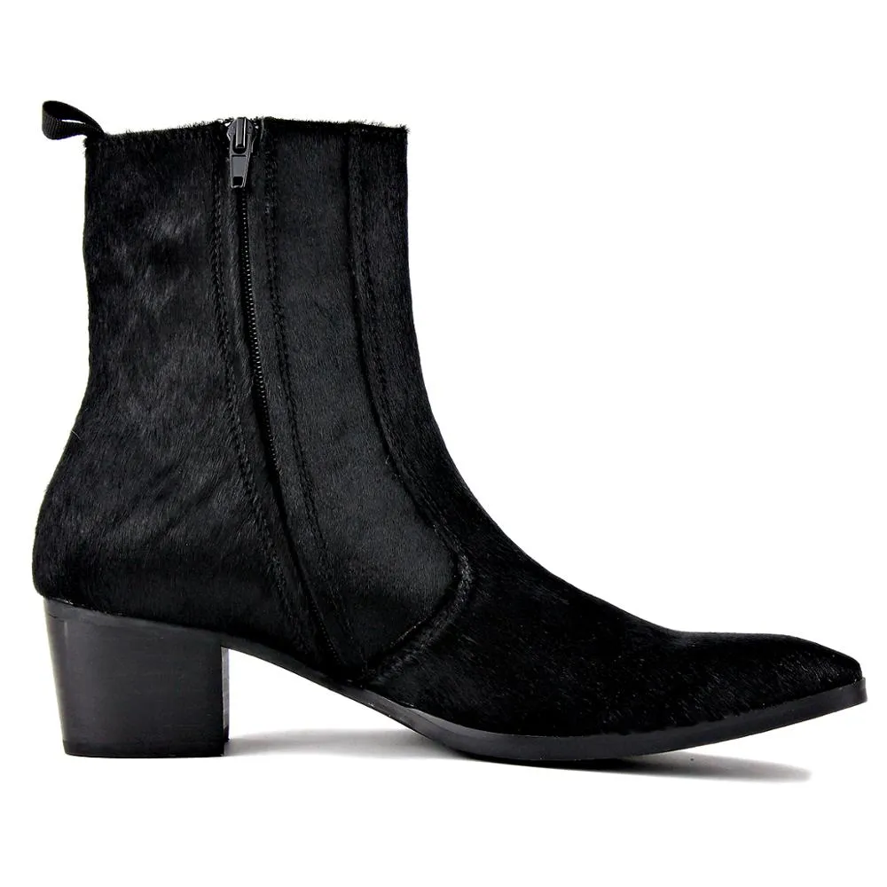 Leather Horsehair Zipper-up Heel Chelsea Boots