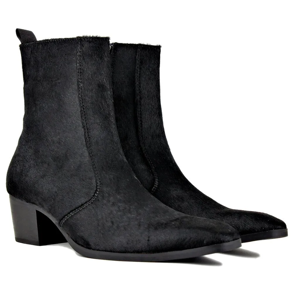 Leather Horsehair Zipper-up Heel Chelsea Boots