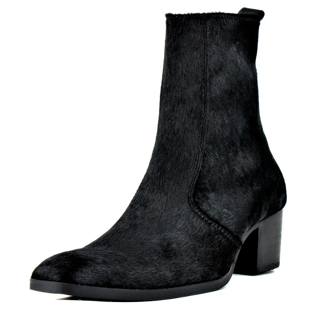 Leather Horsehair Zipper-up Heel Chelsea Boots