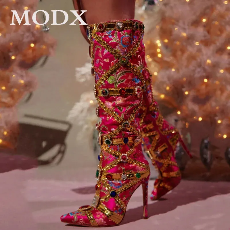 Luxury Colorful Brocade Diamond Boots