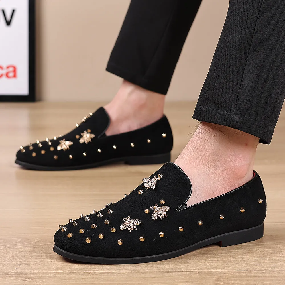 Men's Suede Rivet Bee Smoking Loafers