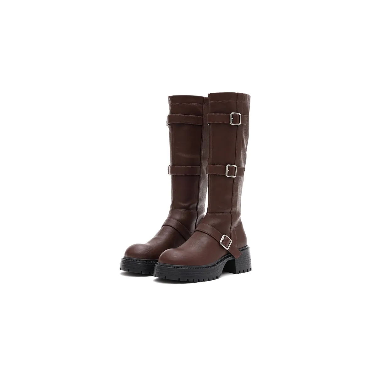 Mid-Calf Leather Boots with Buckles