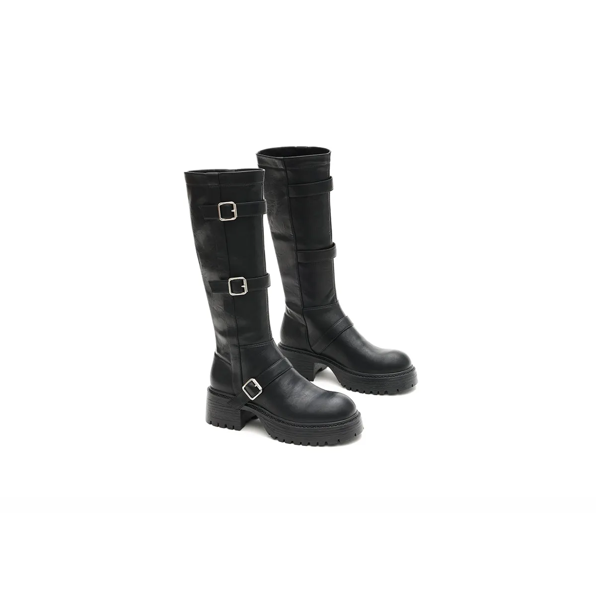 Mid-Calf Leather Boots with Buckles