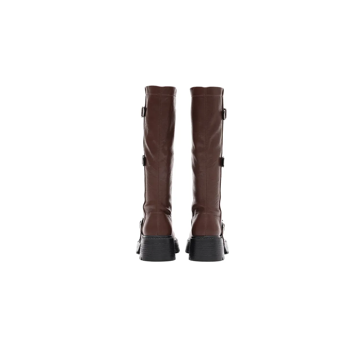 Mid-Calf Leather Boots with Buckles