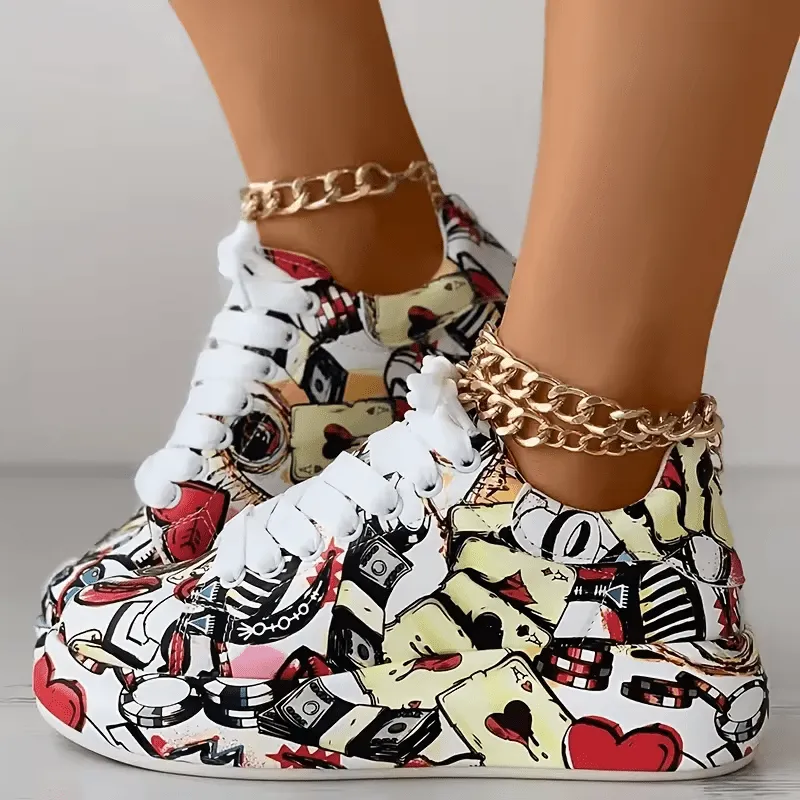 Retro Graffiti Low-Top Platform Sneakers